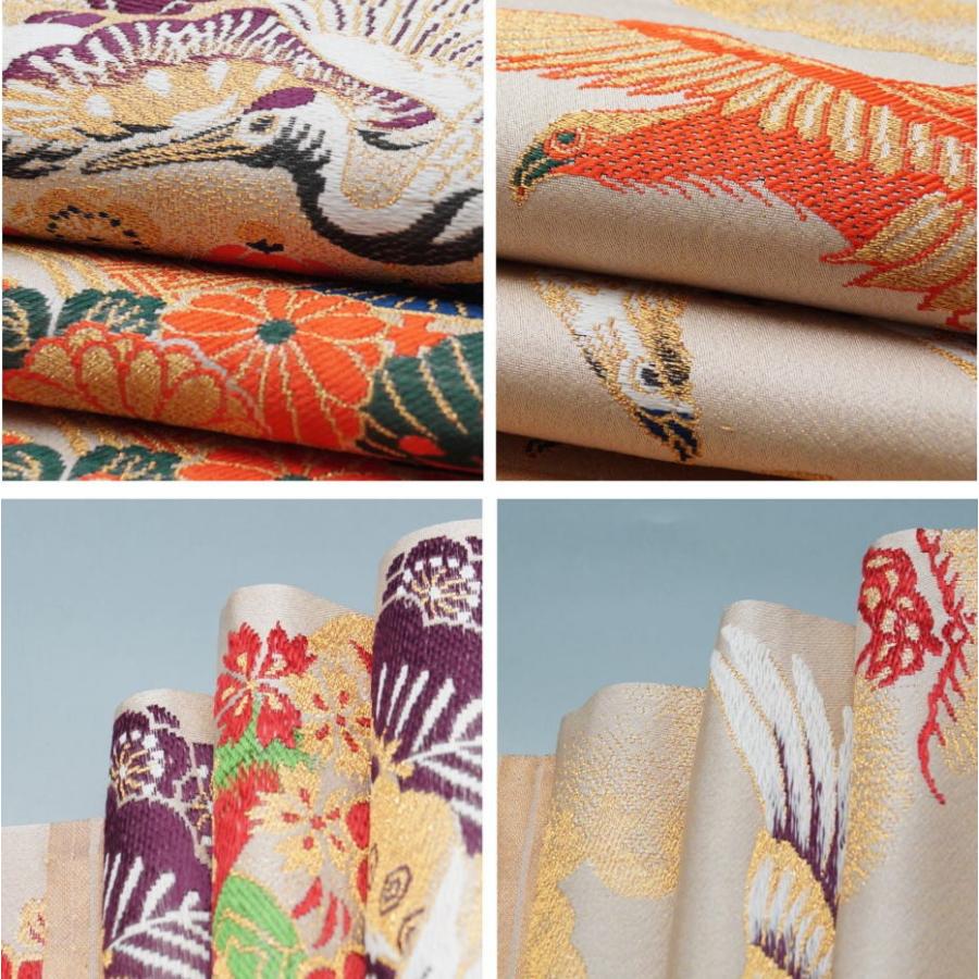 アンティーク 丸帯 全通リバーシブル 鶴・文庫×鷹・松 正絹 素材向き