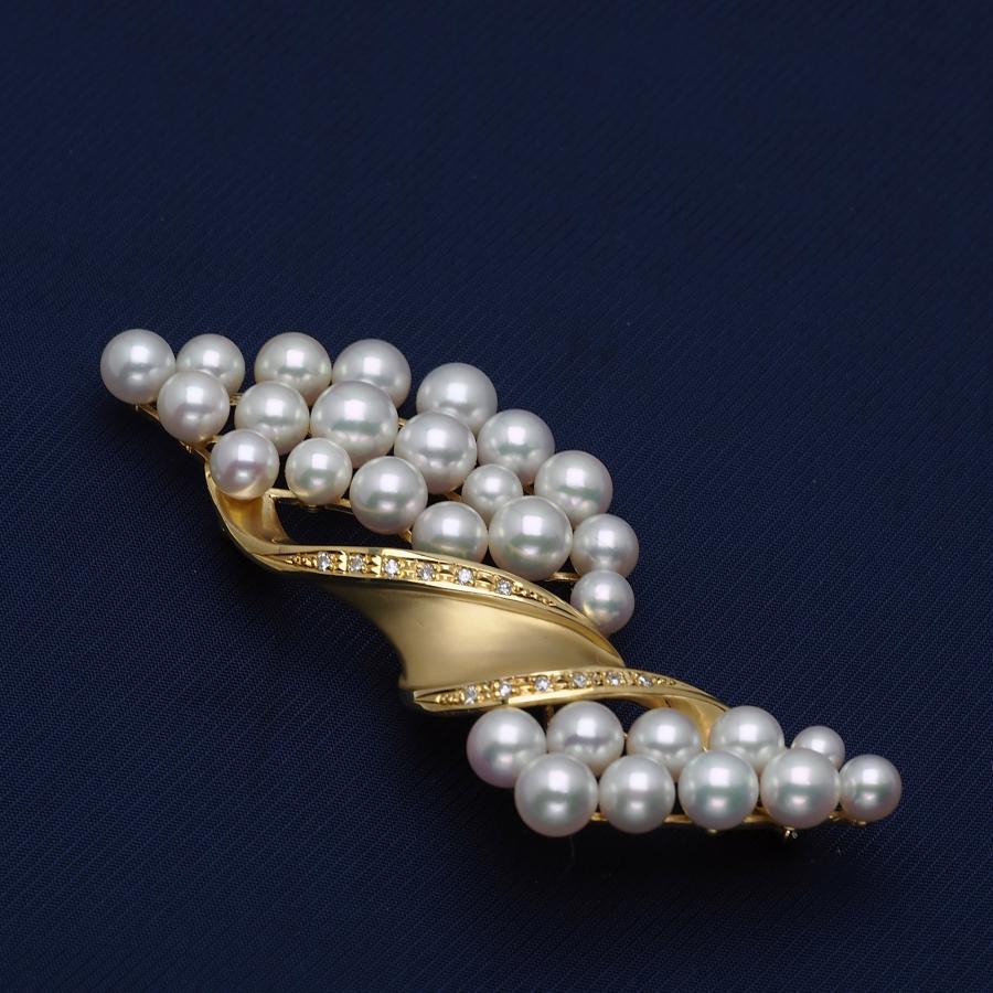 K18 アコヤ本真珠 ブローチ 天然ダイヤモンド付き あこやパール 18金