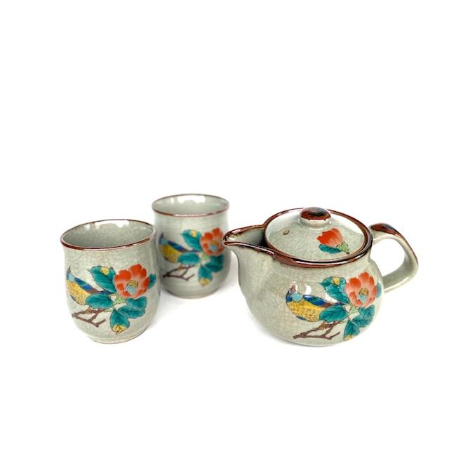 九谷焼 高級 陶磁器 急須3点セット 大 椿に鳥 裏絵(Kutani teapot set