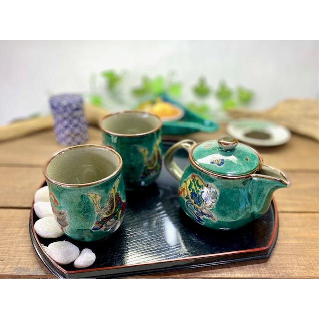 九谷焼 高級 陶磁器 急須3点セット 小 宝尽くし緑塗り 裏絵(Kutani