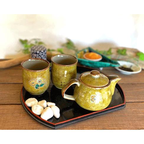 九谷焼 高級 陶磁器 急須3点セット 小 黄塗り金糸梅に鳥 裏絵(Kutani