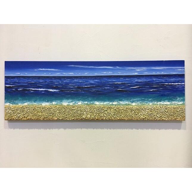 バリ島絵画 海の絵 本物のサンゴの立体的な砂浜 フレームなし W150×H50