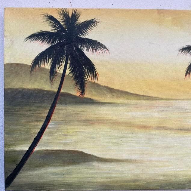 海の絵 海とヤシの木 サンセット ビーチ W50×H30cm 夕日 絵画 波の絵