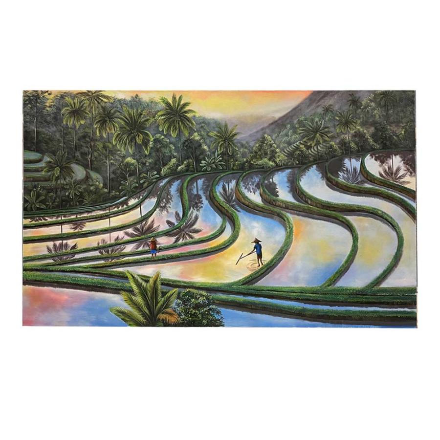 バリ絵画 風景画 棚田 ライステラス 夕日 フレームなし W170×H100cm