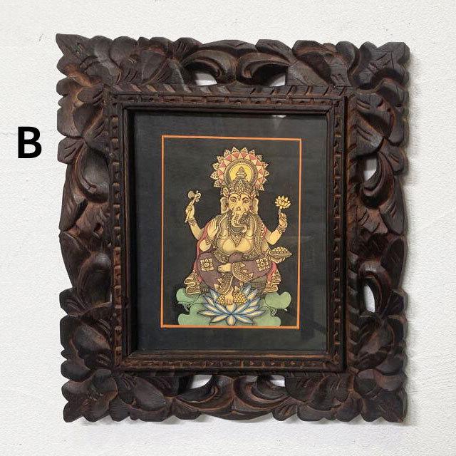 バリ絵画 神獣の絵 ガネーシャ W33×H38 5タイプ ガラス 額付き バリ島