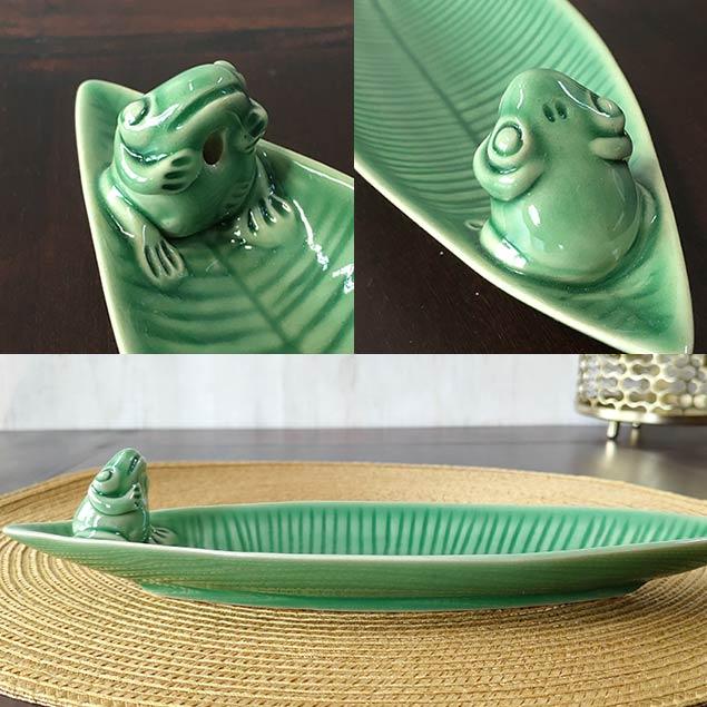 ジェンガラケラミック お香立て インセンスホルダー 緑 青 カエル