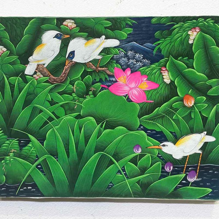 バリ絵画 鳥の絵 3羽 小鳥 白サギ W40×H30cm ブンゴセカン 癒し 花鳥