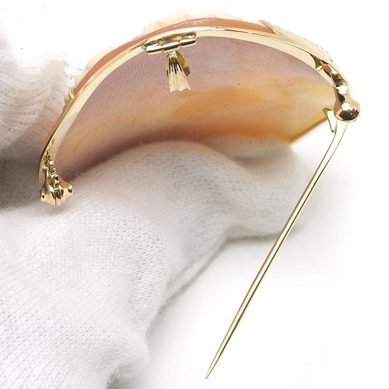 シェルカメオブローチ K18YG ペンダントトップ兼用 女性 横顔 花