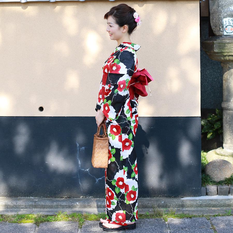 レディース 浴衣 単品 綿麻【27】麻混 高級 ゆかた 黒系 ブラック系 椿