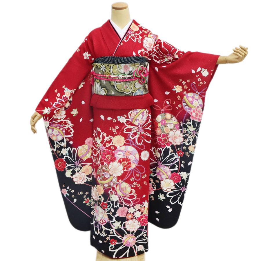 振袖レンタル 成人式 フルセット 1月 赤 黒 身長160〜164.5cm 鈴 桜