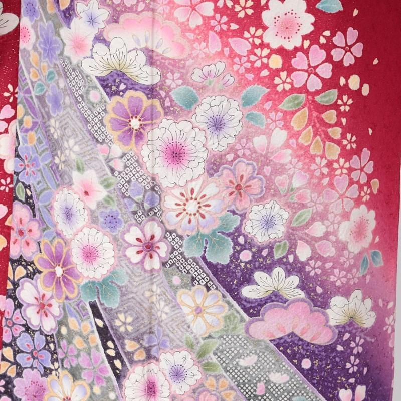 振袖レンタル 成人式 フルセット 1月 赤 熨斗柄 辻が花風 古典的 紫