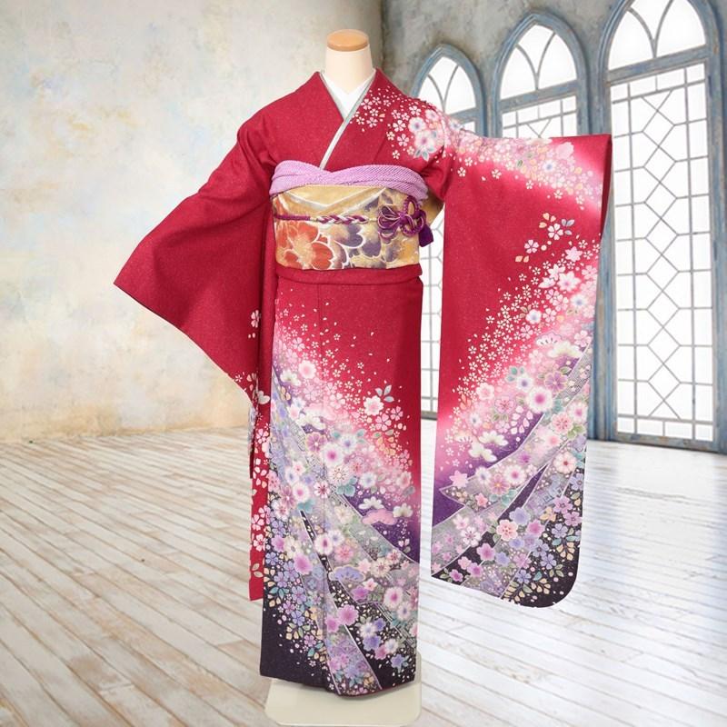 振袖レンタル 成人式 フルセット 1月 赤 熨斗柄 辻が花風 古典的 紫