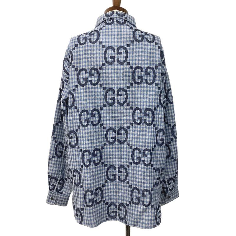 GUCCI グッチ ジャンボGGチェック ウール シャツ ブルー #52 2023/2024