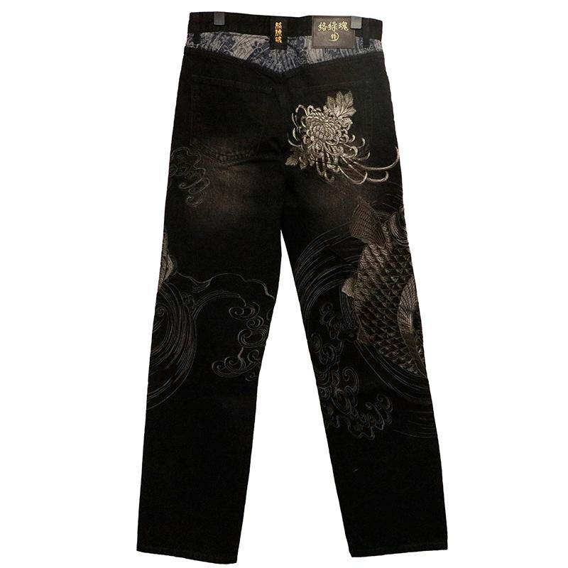 絡繰魂 粋 からくりだましい いき 復刻 双鯉 柄 刺繍 和柄 デニム