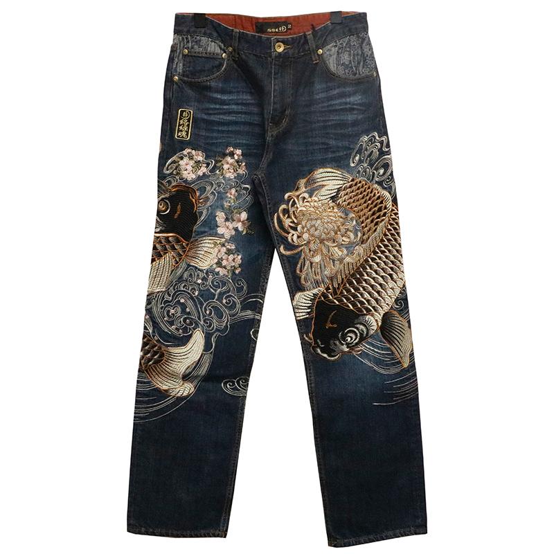 絡繰魂 粋 からくりだましい いき 復刻 双鯉 柄 刺繍 和柄 デニム