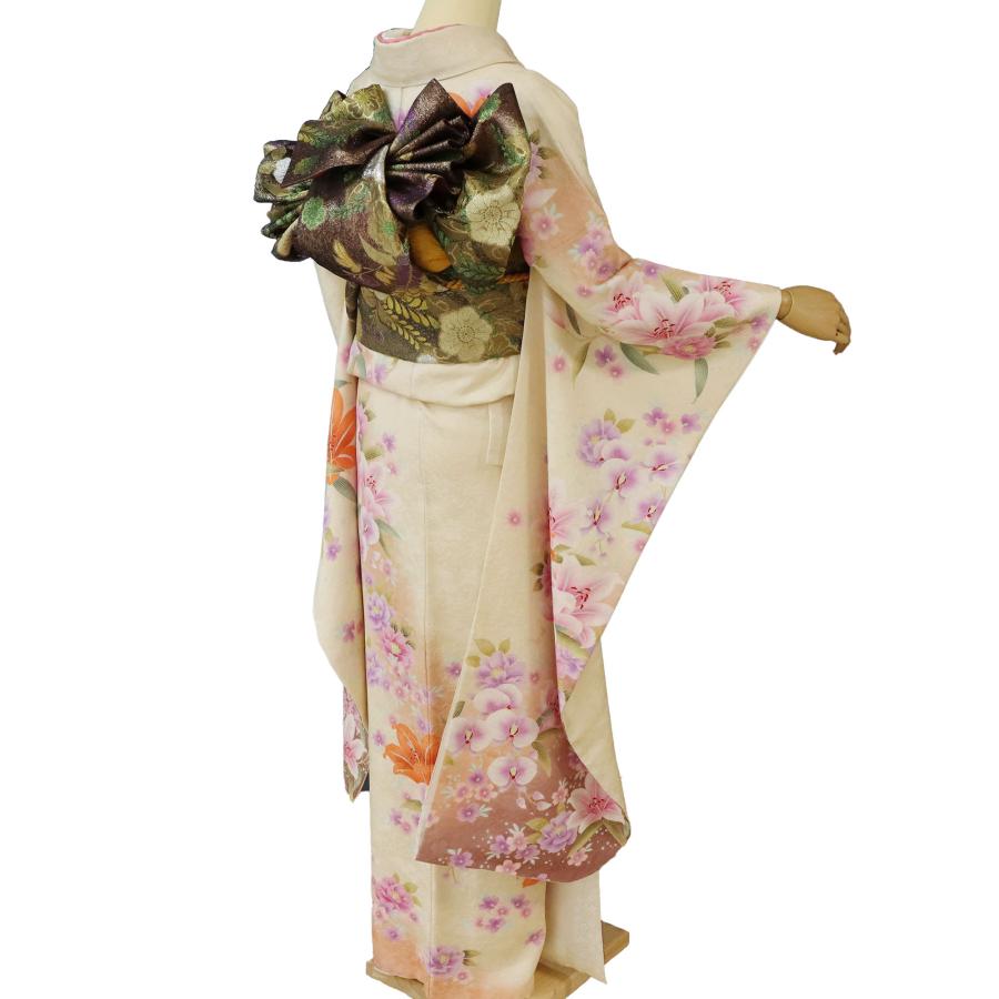 振袖 中古 フルセット 販売 正絹 成人式 クリーム 百合 オレンジ 美品