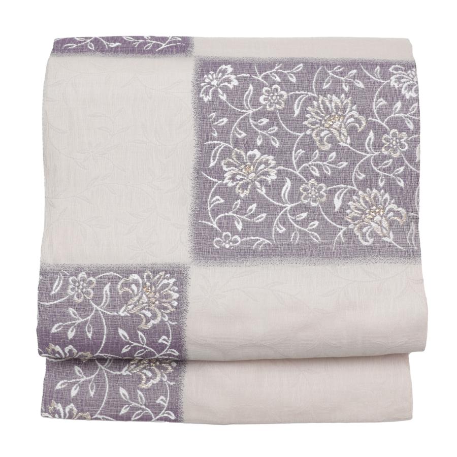 名古屋帯 正絹 仕立て上がり 薄グレー 紫 市松 袷 単衣 帯 お茶 お稽古