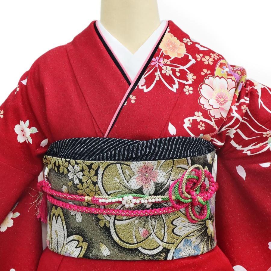 振袖レンタル 成人式 フルセット 1月 赤 黒 身長160〜164.5cm 鈴 桜
