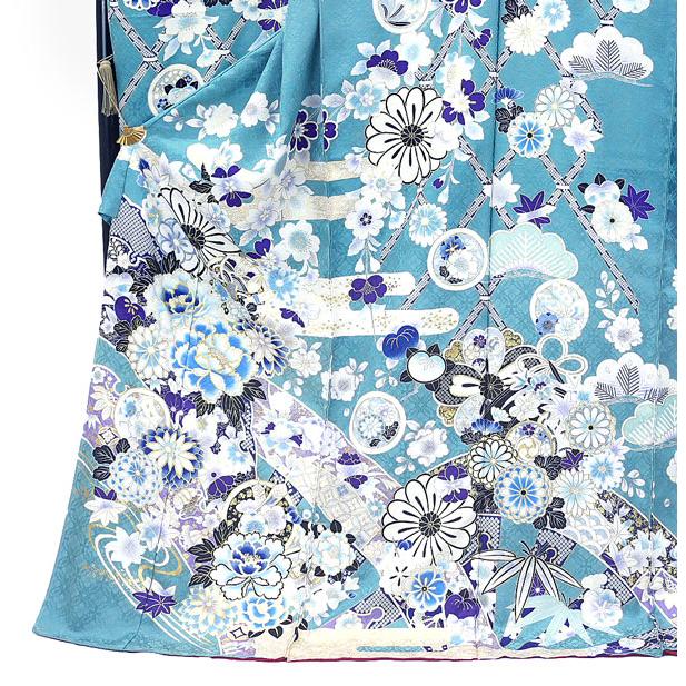 仕立て付き 正絹古典柄振袖フルセット f-640 ターコイズブルー 露草色