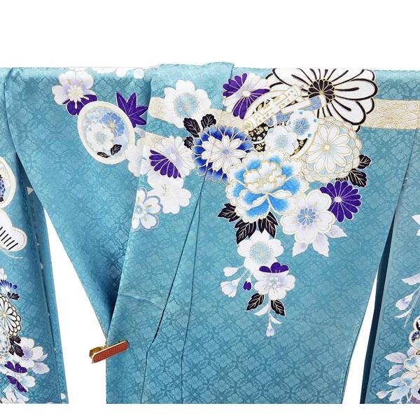 仕立て付き 正絹古典柄振袖フルセット f-640 ターコイズブルー 露草色