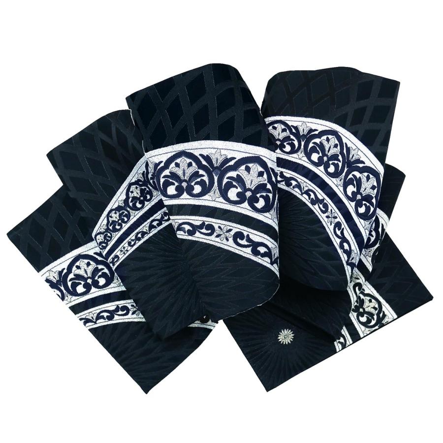 仕立て付き 振袖用 袋帯 西陣織 fo-008 幾何学柄 銀 シルバー 黒