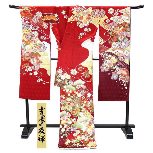セール 吉澤友禅 正絹振袖 手縫い仕立付き 赤 御所車 金彩 f-794 正絹