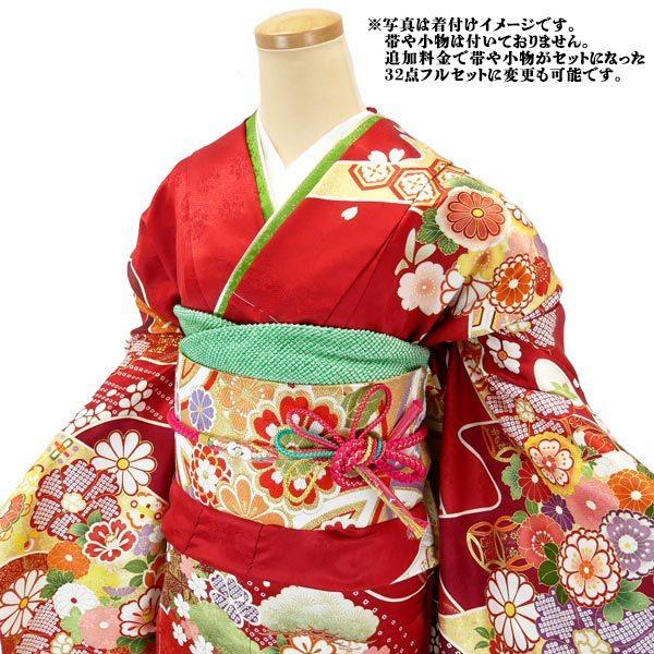 セール 吉澤友禅 正絹振袖 手縫い仕立付き 赤 御所車 金彩 f-794 正絹