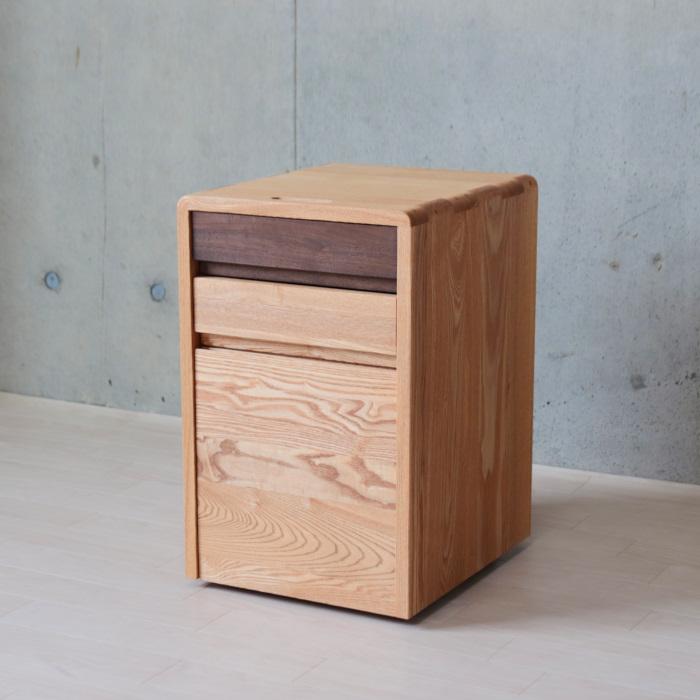 タモ無垢材 匠デザイン デスク用ワゴン 天然木 書斎机 おしゃれ