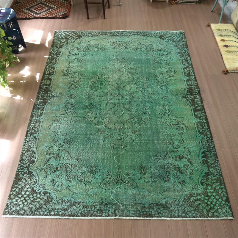 トルコヴィンテージラグ A77 レア イエロー グリーン オーバーダイラグ