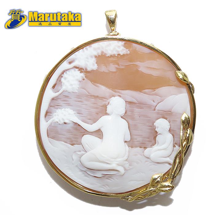 シェルカメオ ペンダント トップ ブローチ K18 YG 2WAY 人物 湖 女性