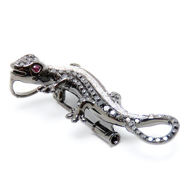送料無料 K18 トカゲ ブローチ ペンダント トップ ブラック ダイヤ