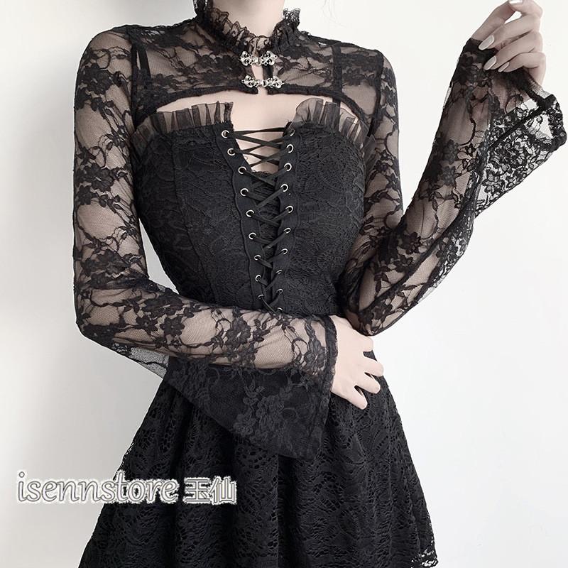 レース ボレロ 長袖 クロップドトップ 刺繍 花柄 フリル シアー 透け