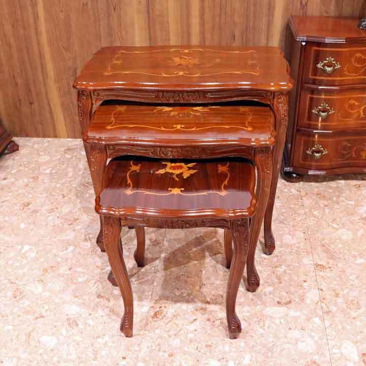 イタリア ネストテーブル 3個 テーブル 花台 茶 象嵌 猫脚 完成品