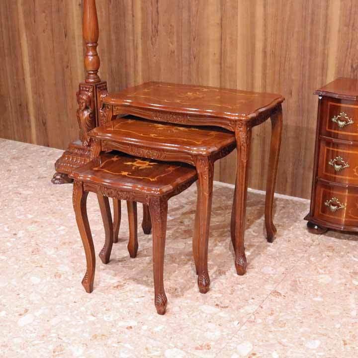 イタリア ネストテーブル 3個 テーブル 花台 茶 象嵌 猫脚 完成品