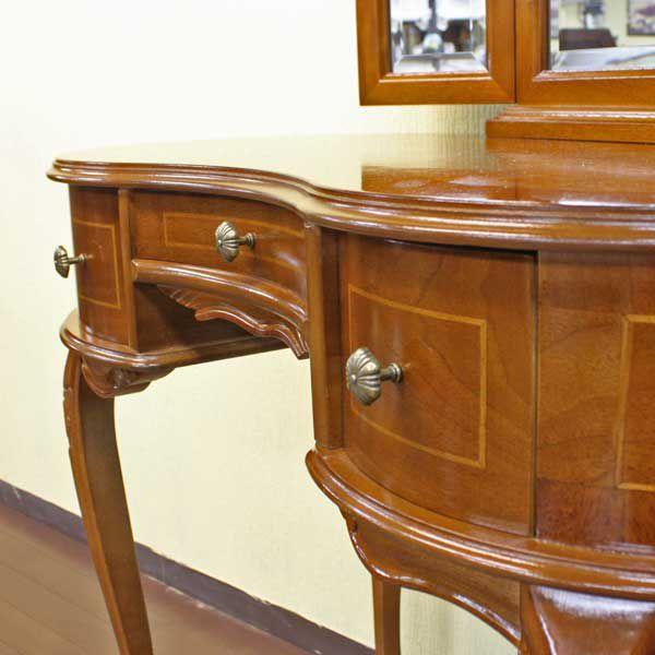 イタリア 3面鏡付きドレッサーデスク 猫脚 鏡台 象嵌 三面鏡ドレッサー