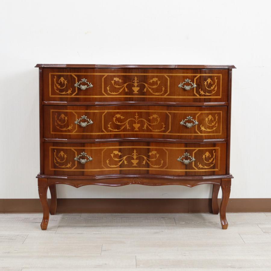 イタリア 3段 チェスト 茶 87cm 象嵌 ロココ調 家具 猫脚 丸脚 完成品