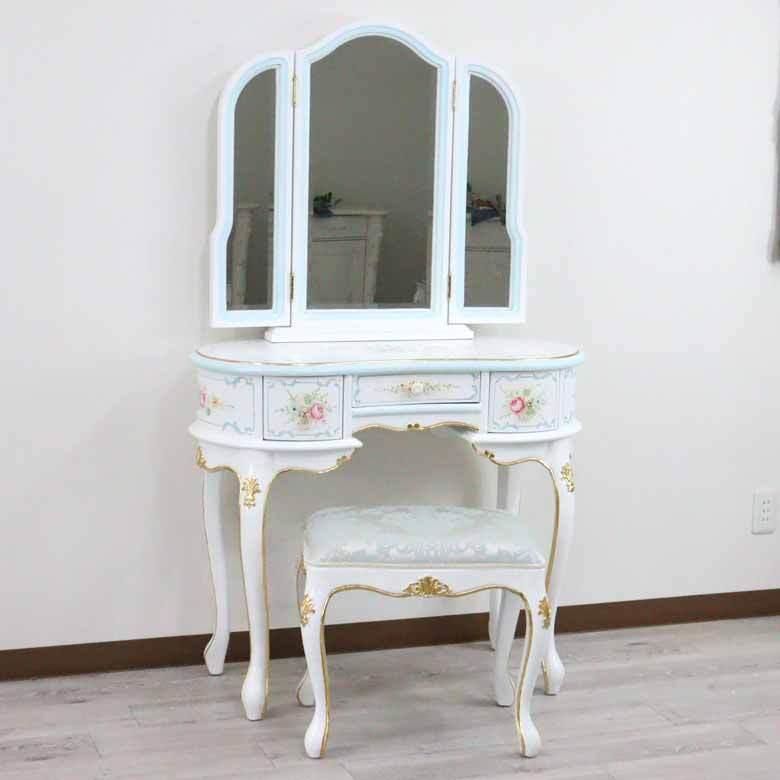 ロココ ドレッサー 三面鏡 スツール付き 猫脚 白家具 アンティーク