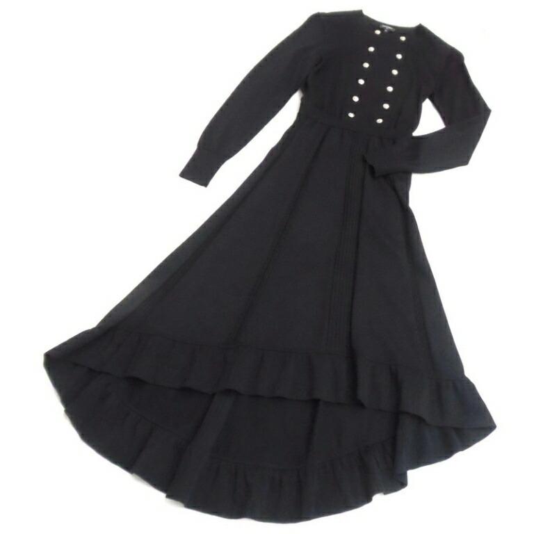 CHANEL（シャネル） ラメ入りロングワンピース 裾フリル ロゴボタン 黒