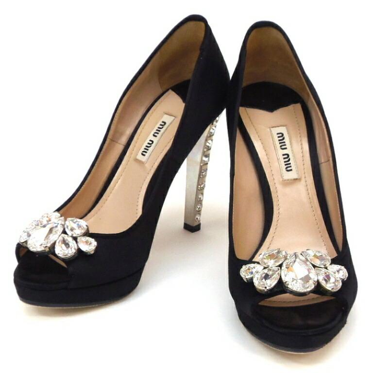 miu miu（ミュウミュウ） ヒールパンプス オープントゥ ビジュー 黒 36