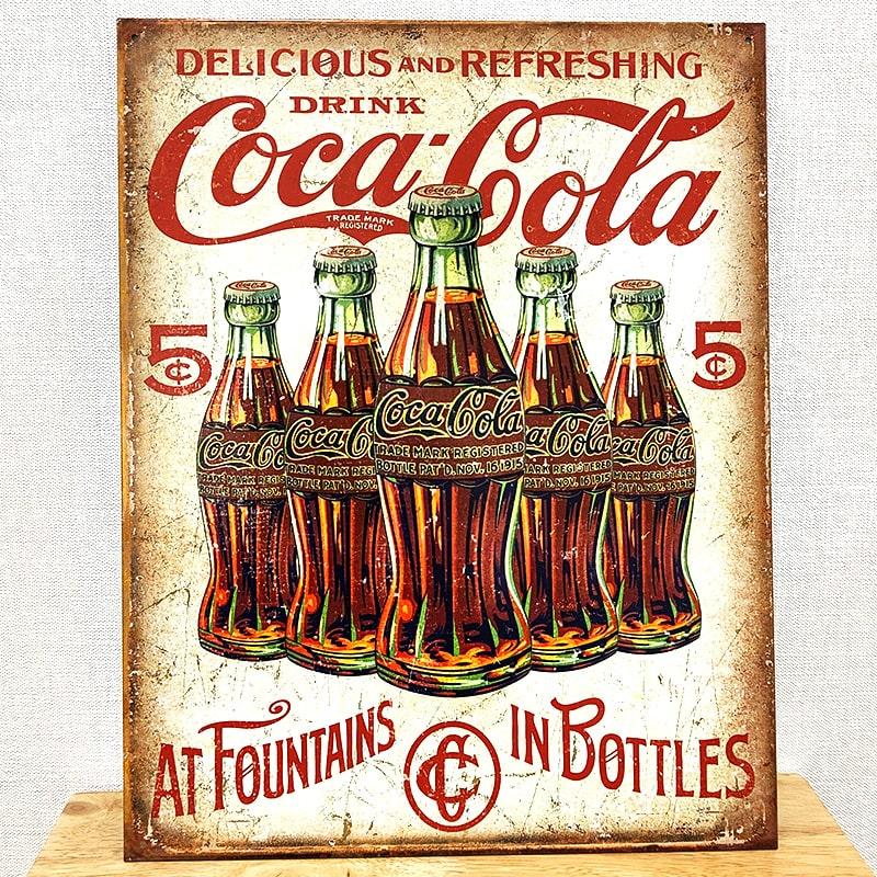 Coca Cola（コカコーラ） ブリキ看板 アンティーク 5ボトル ガレージ