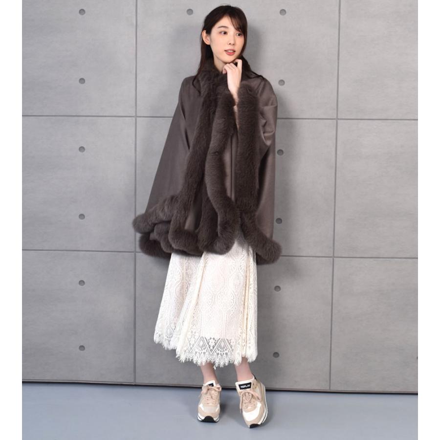 爆買 ポンチョ ケープ 日本製 カシミヤ100% 大判フォックス ファー付き