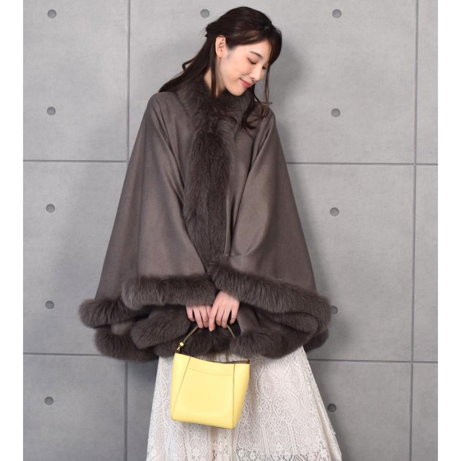 爆買 ポンチョ ケープ 日本製 カシミヤ100% 大判フォックス ファー付き