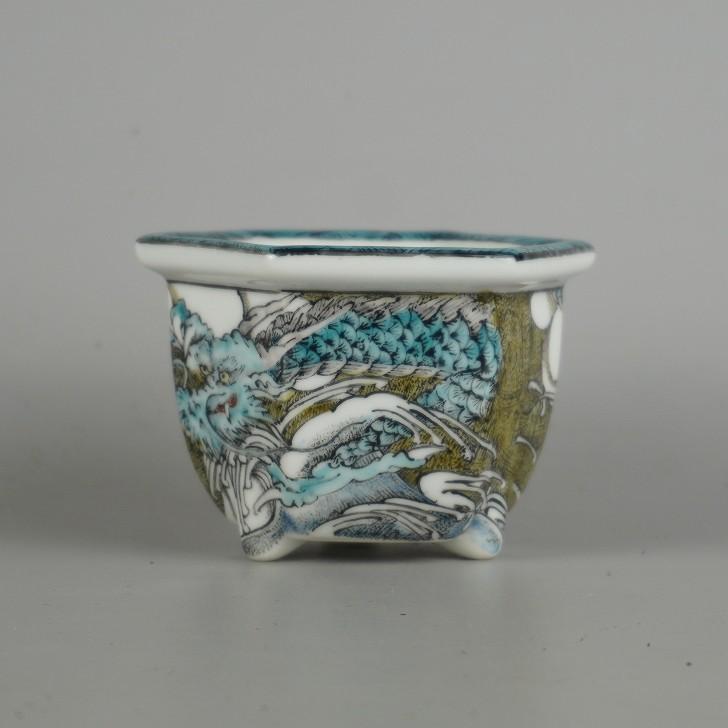 盆栽鉢 九谷 一向 小鉢 長辺 約9.3cm 六角鉢 色絵 雲龍図 共箱 共布