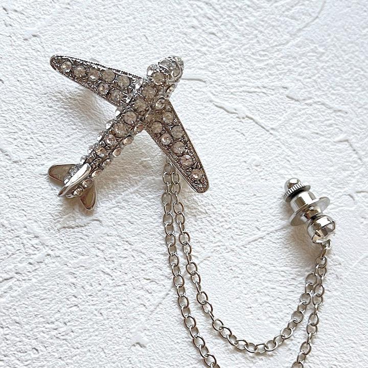 ブローチ メンズ ラペルピン 飛行機 チェーン取り外し可能 エアポート