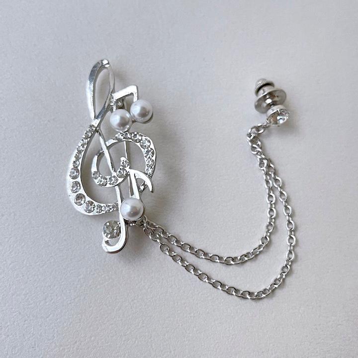ブローチ メンズ ラペルピン パール 結婚式 音符 ト音記号 音楽