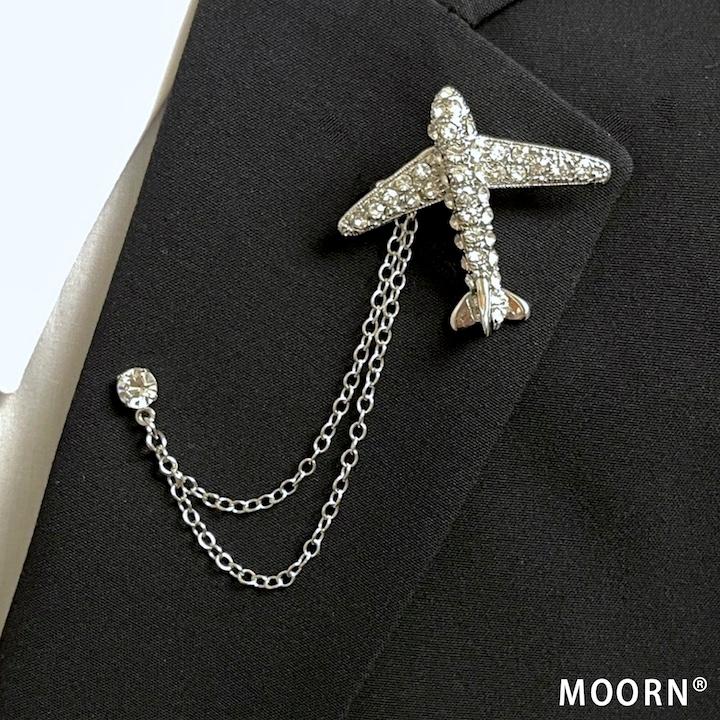 ブローチ メンズ ラペルピン 飛行機 チェーン取り外し可能 エアポート