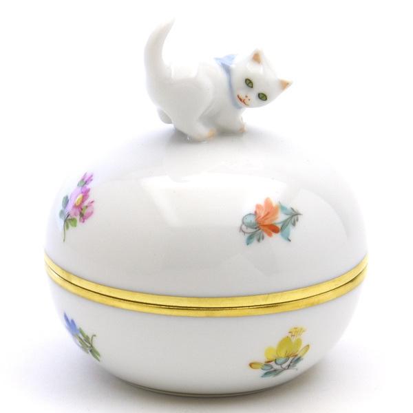 ヘレンド（HEREND） 丸形小物入れ(高さ:9cm)猫飾り ミルフルール(06033
