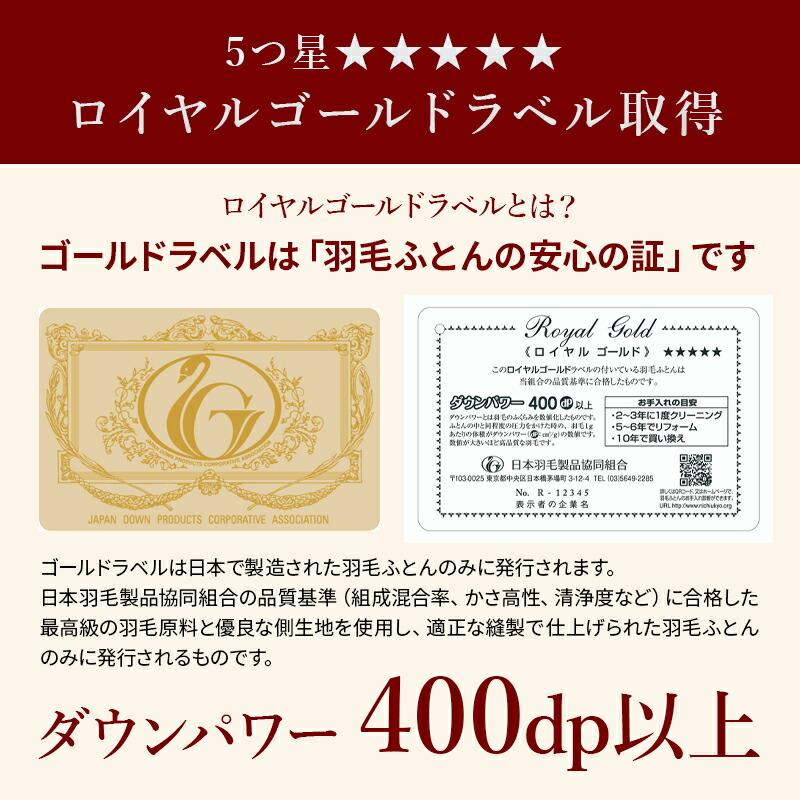 大増量ロイヤルゴールドラベル ホワイトグースダウン93％ 立体キルト