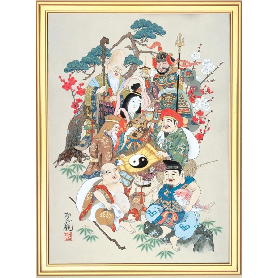 七福神 開運絵画 東聖観 手刷りシルクスクリーン 額装 飾り 壁掛け