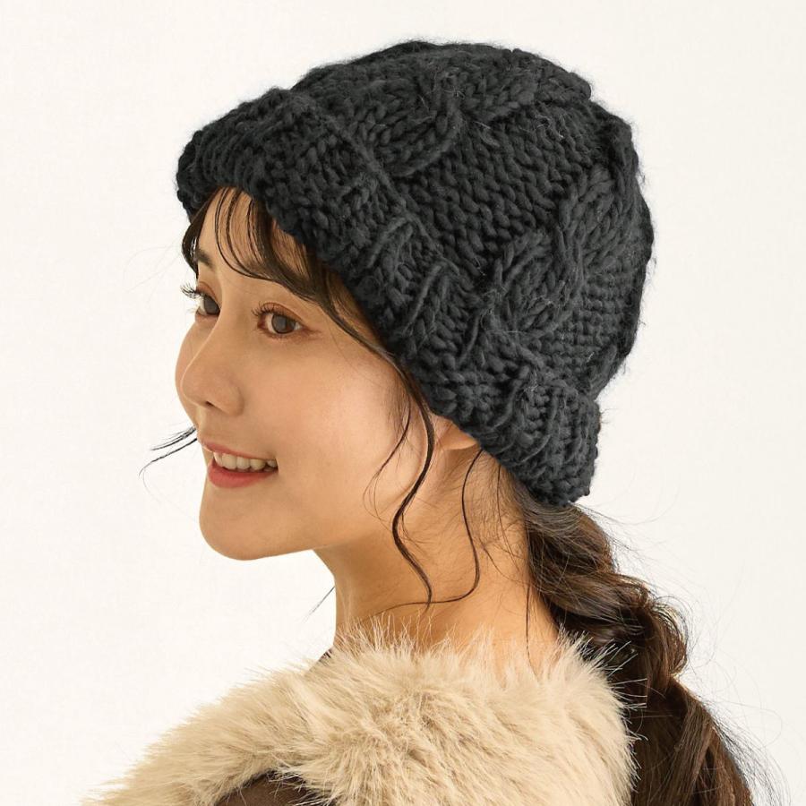 ニット帽 レディース 帽子 冬 2way 極太ざっくり ケーブル編み モヘア